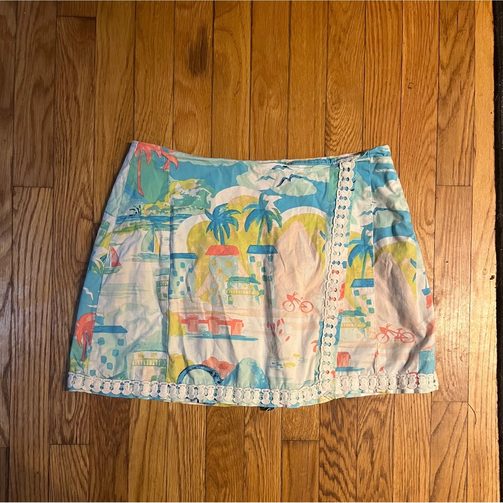 Crown & Ivy Pastel Tropical Print Faux Wrap Skort Mini Skirt Preppy Coastal